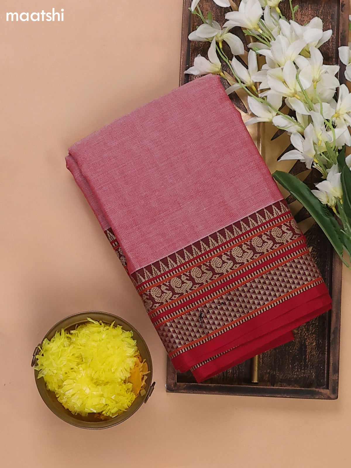 Red Shade Narayanpet Cotton Dress Materials With A Plain Body and Temple Design Thread Woven Border