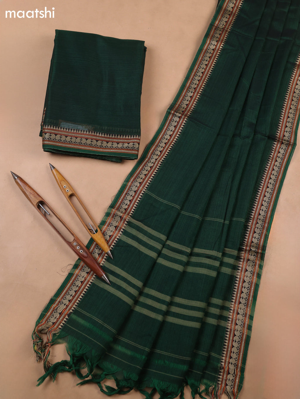Green Narayanpet Cotton Dress Materials With A Plain Body and Thread-Woven Border