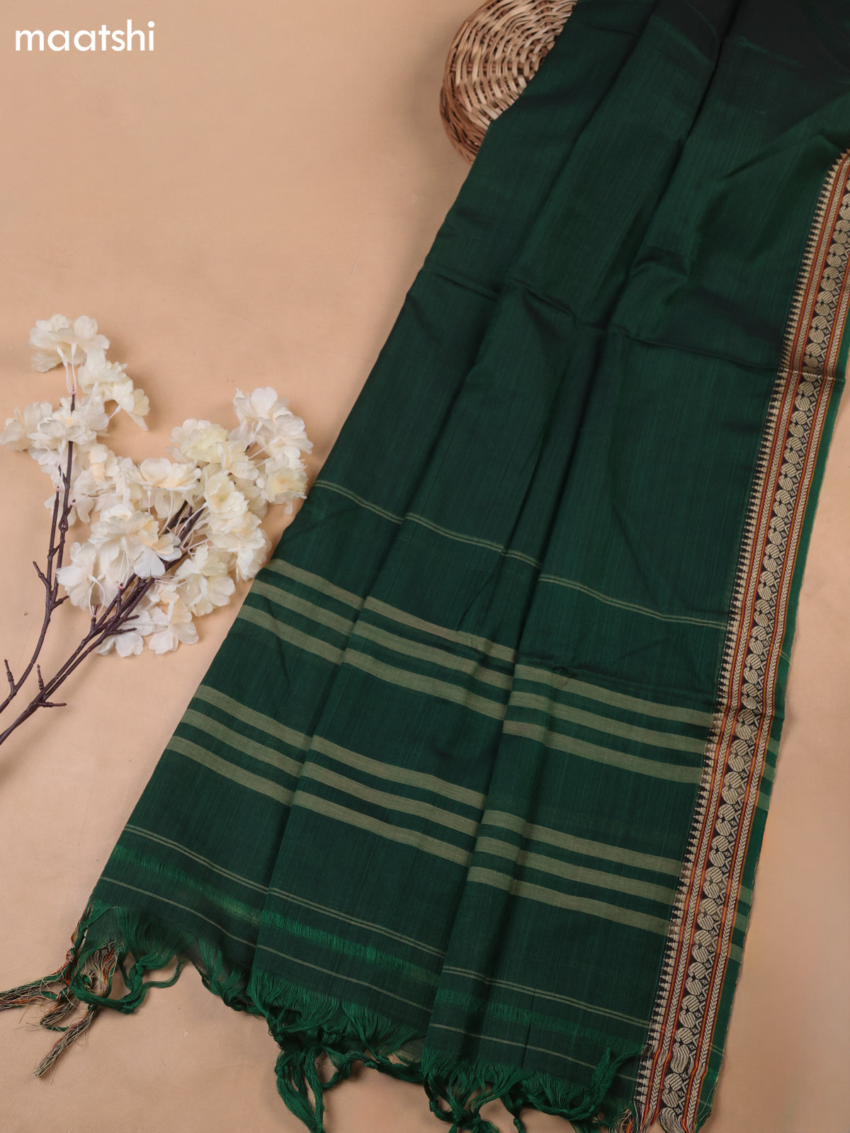 Green Narayanpet Cotton Dress Materials With A Plain Body and Thread-Woven Border