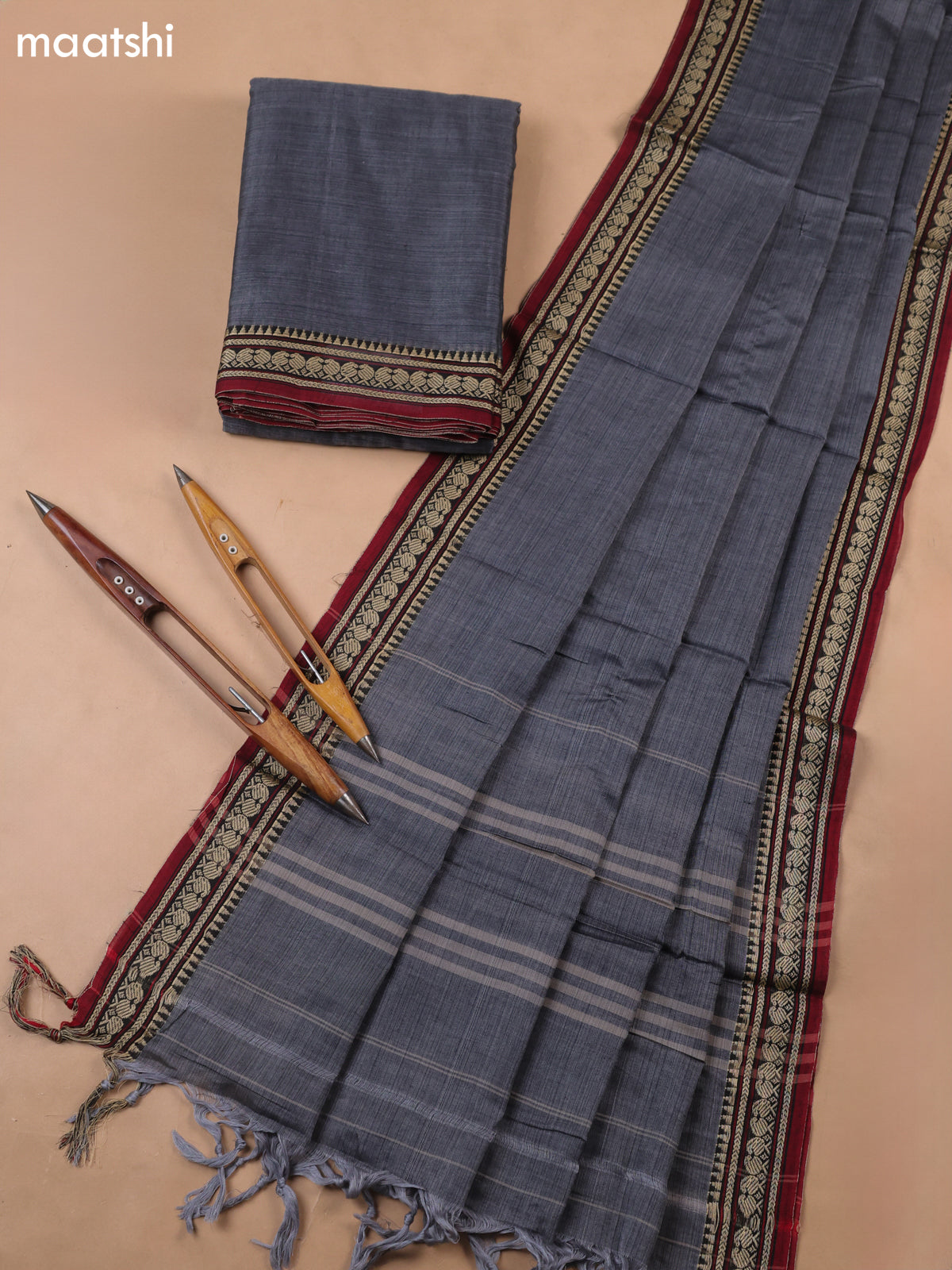Grey Narayanpet Cotton Dress Materials With A Plain Body and Thread-Woven Border
