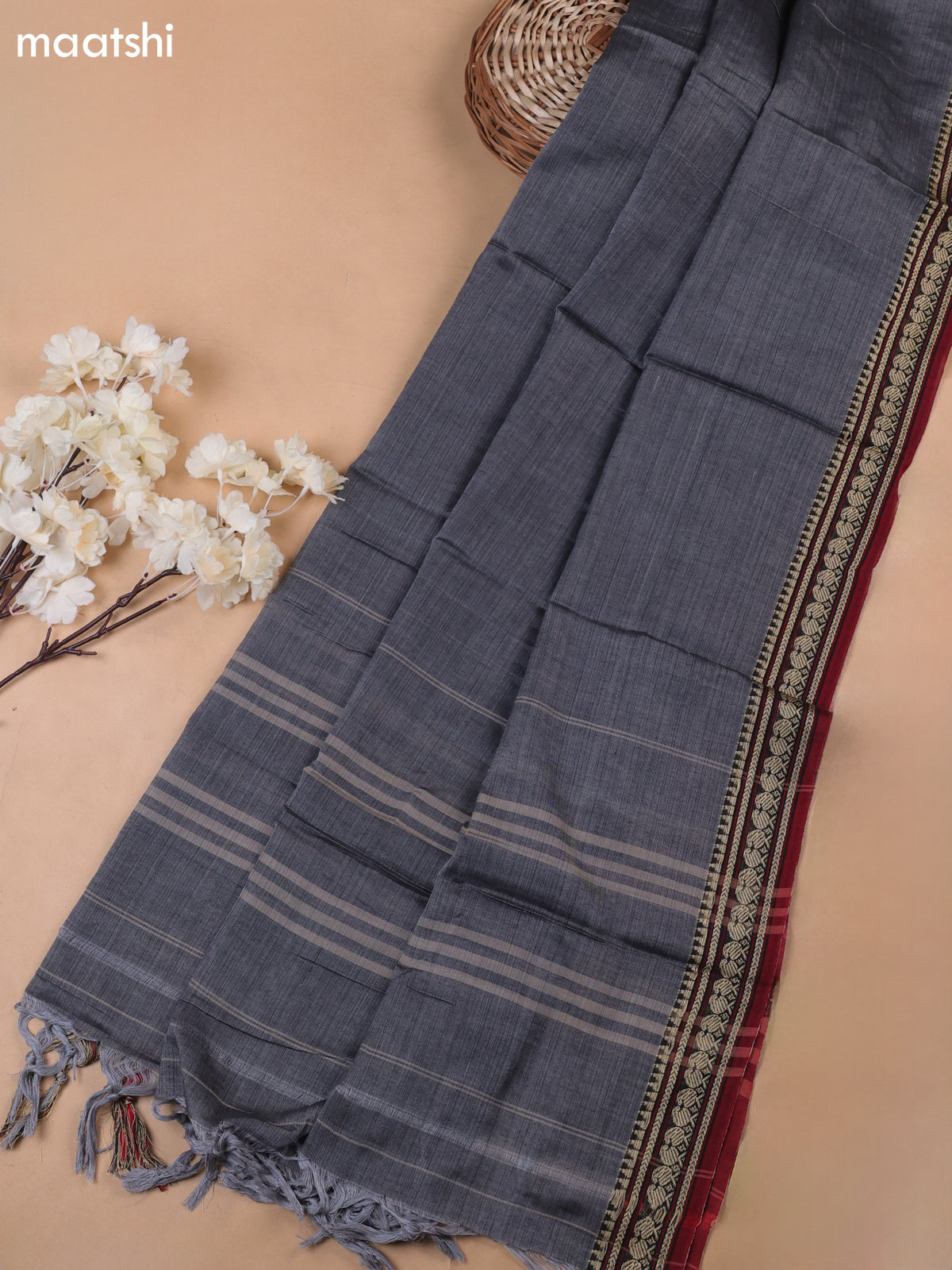 Grey Narayanpet Cotton Dress Materials With A Plain Body and Thread-Woven Border