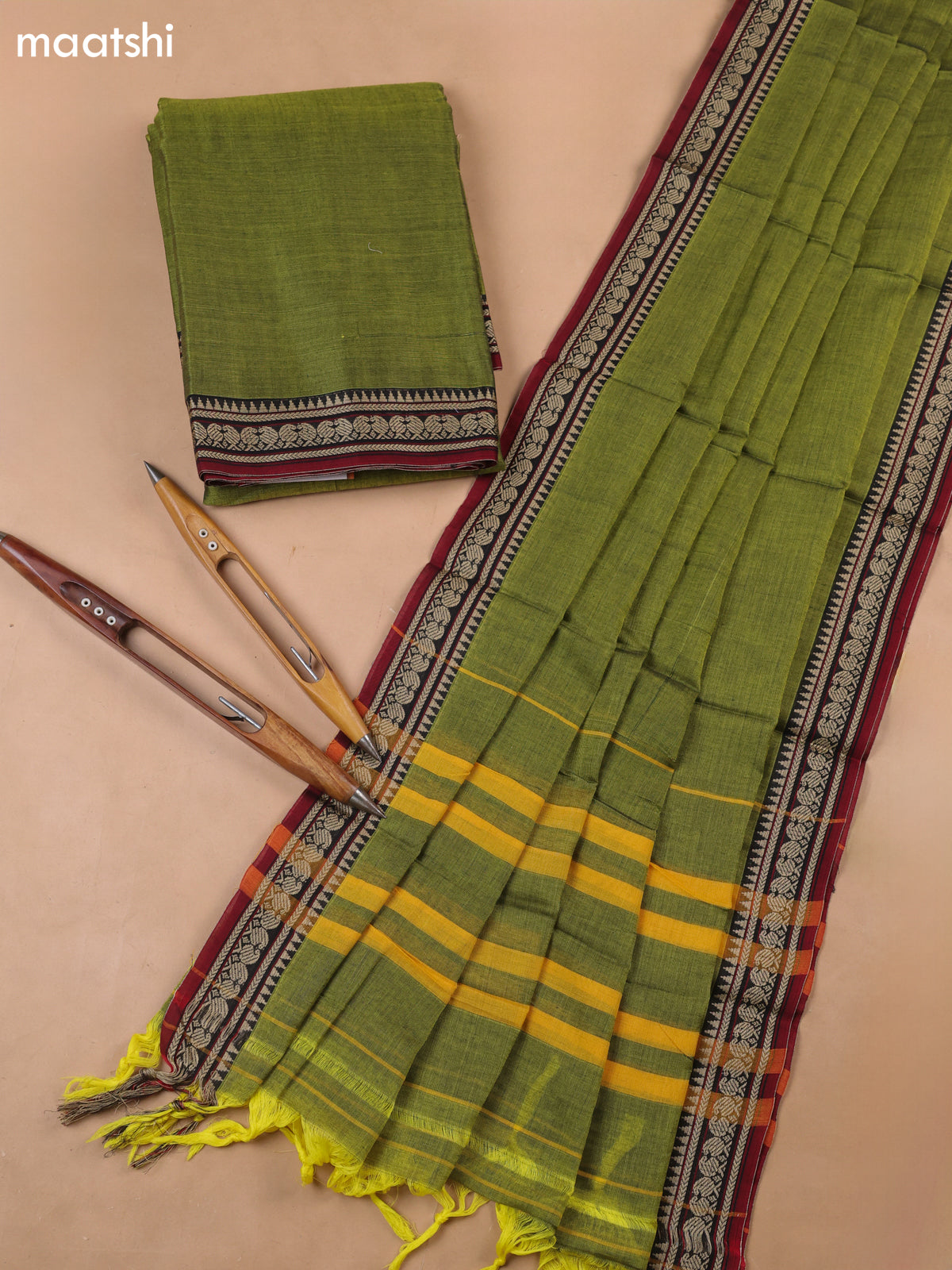 Green Narayanpet Cotton Dress Materials With A Plain Body and Thread-Woven Border