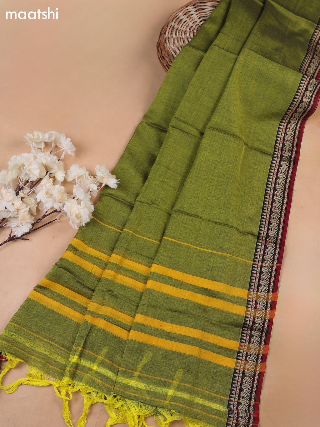 Green Narayanpet Cotton Dress Materials With A Plain Body and Thread-Woven Border