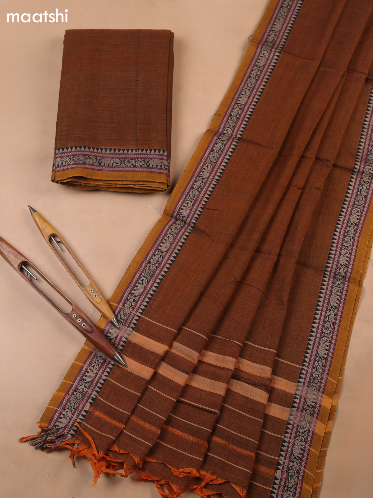 Dark Mustard Narayanpet Cotton Dress Materials With A Plain Body and Thread-Woven Border