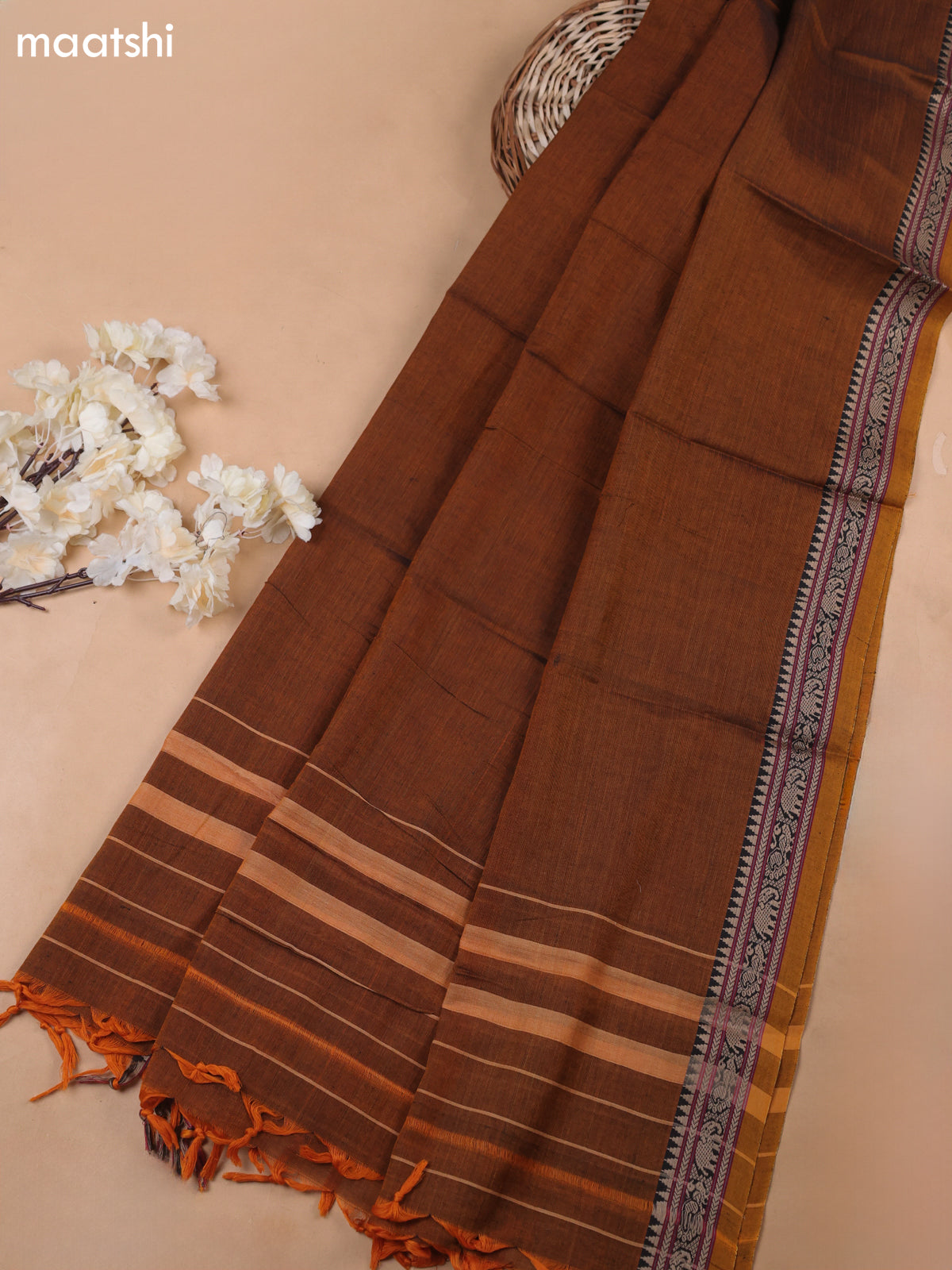 Dark Mustard Narayanpet Cotton Dress Materials With A Plain Body and Thread-Woven Border