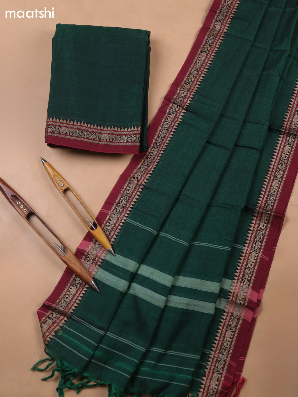 Green and Maroon Narayanpet Cotton Dress Materials With A Plain Body and Thread-Woven Border