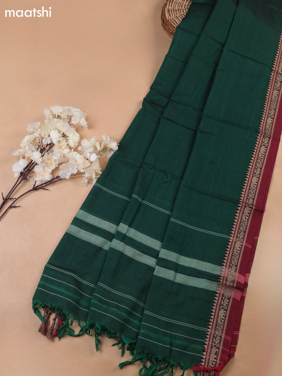 Green and Maroon Narayanpet Cotton Dress Materials With A Plain Body and Thread-Woven Border