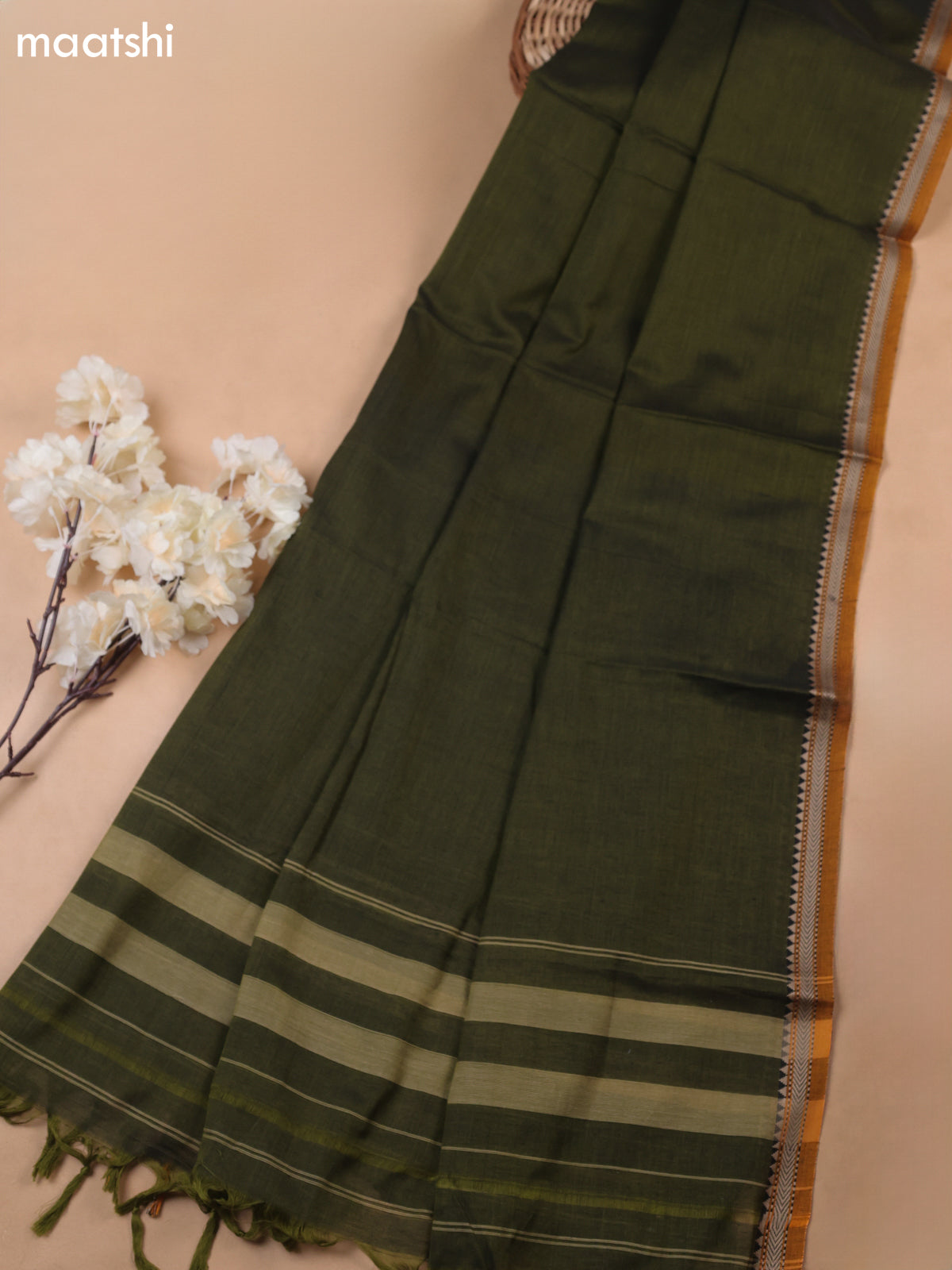Sap Green Narayanpet Cotton Dress Materials With A Plain Body and Thread-Woven Border