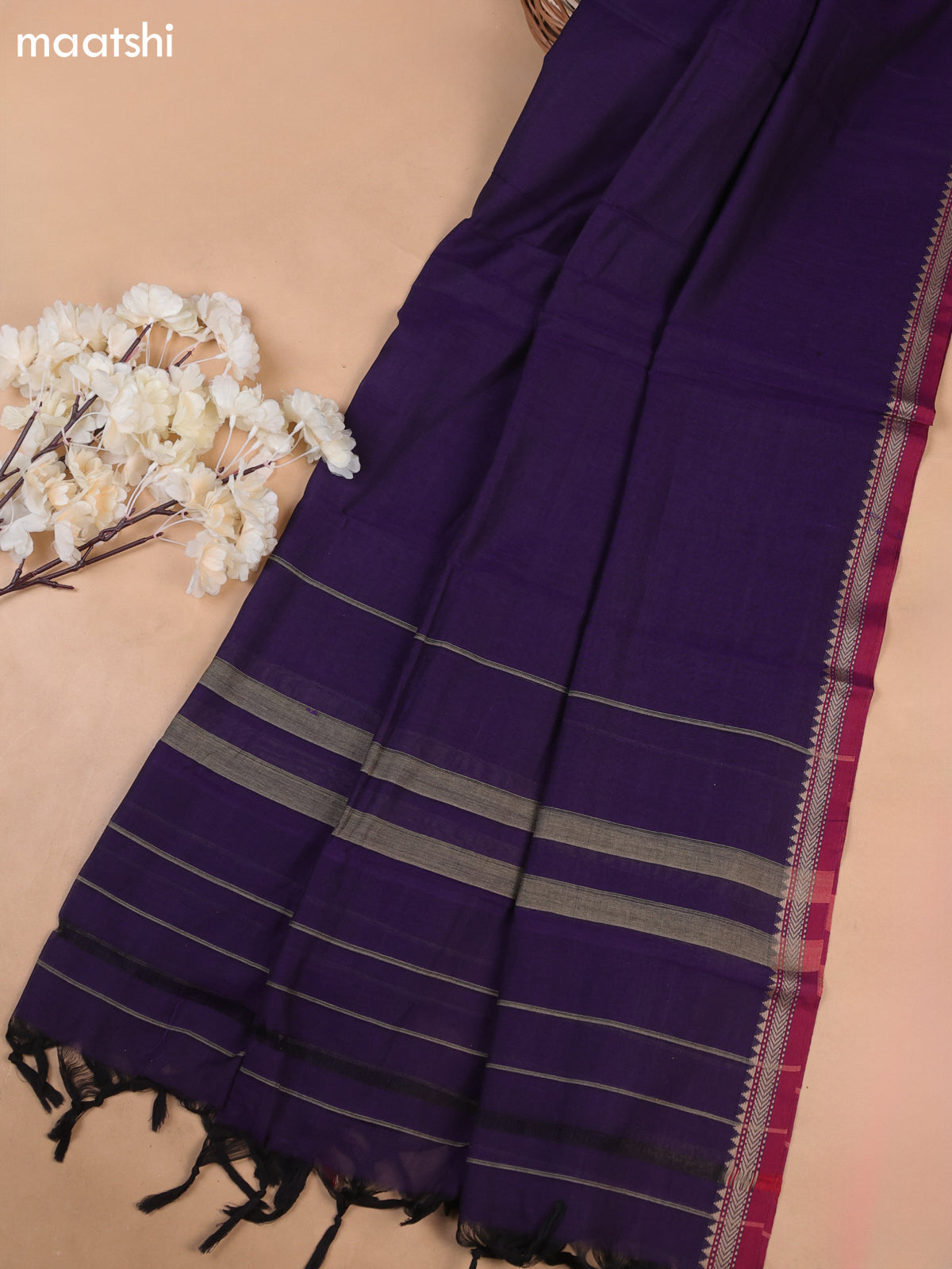 Deep Violet Narayanpet Cotton Dress Materials With A Plain Body and Thread-Woven Border