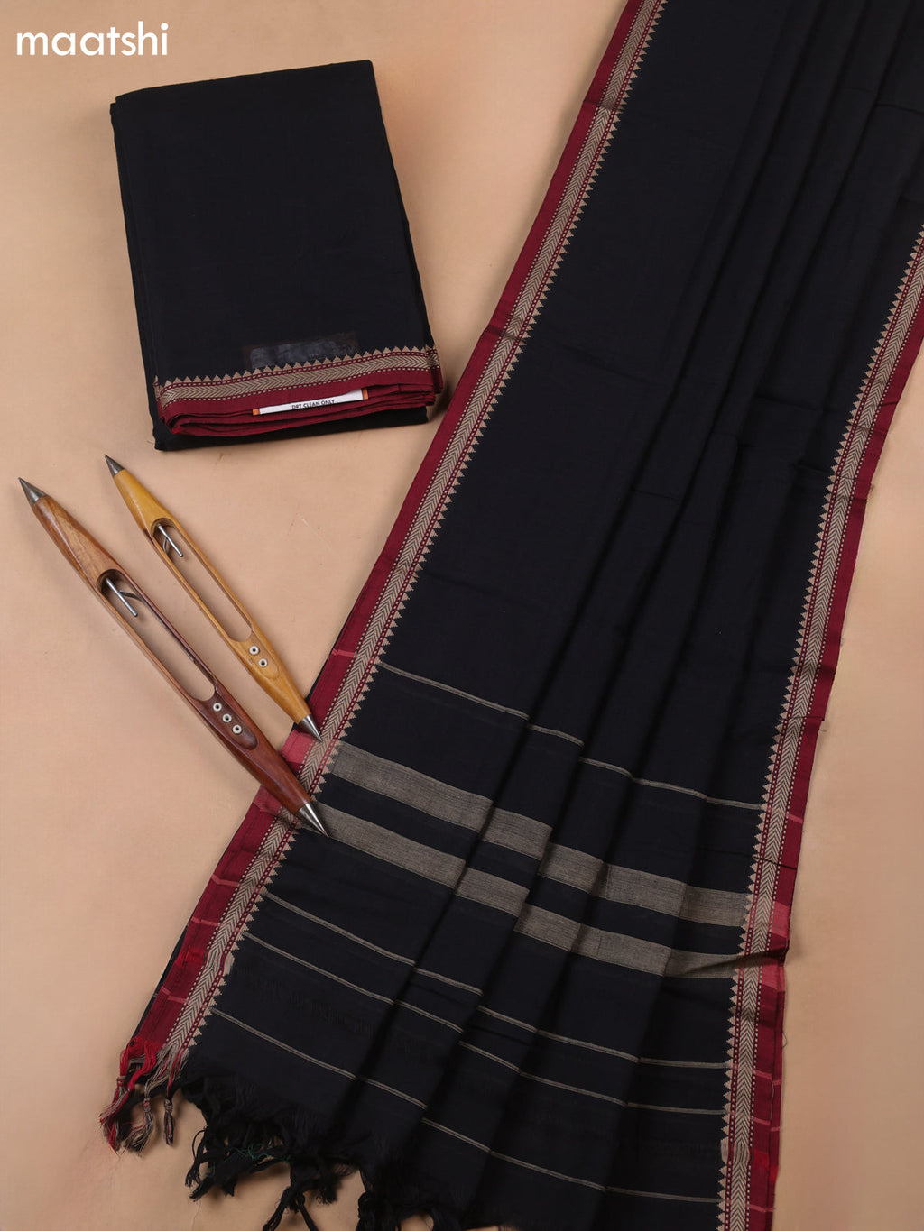 Black and Maroon Narayanpet Cotton Dress Materials With A Plain Body and Thread-Woven Border
