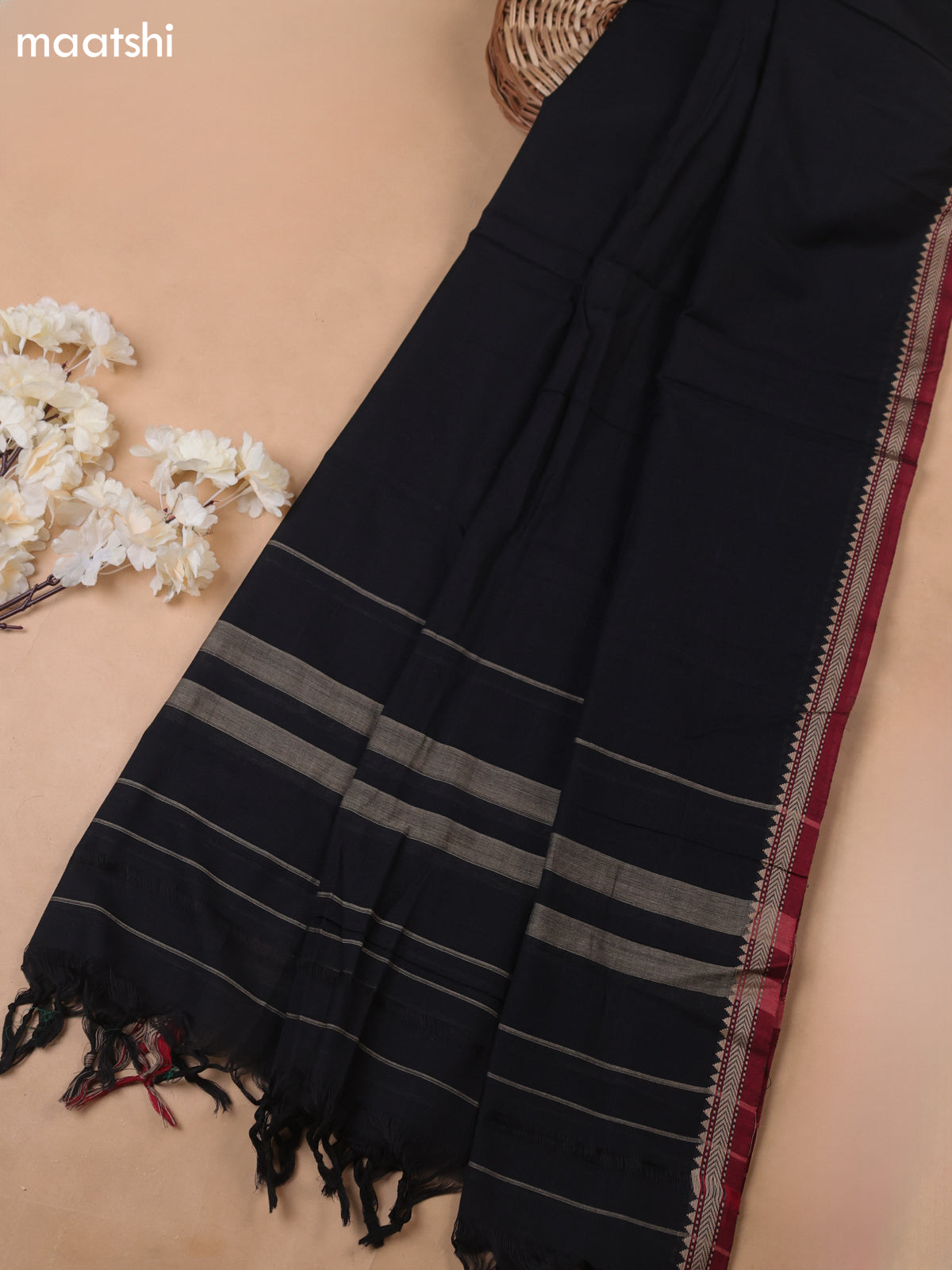 Black and Maroon Narayanpet Cotton Dress Materials With A Plain Body and Thread-Woven Border