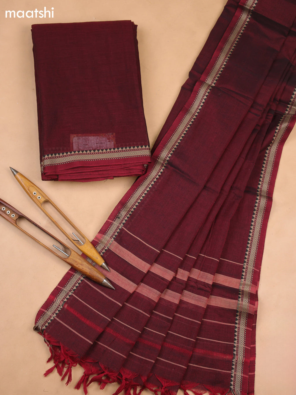 Maroon Narayanpet Cotton Dress Materials With A Plain Body and Thread-Woven Border