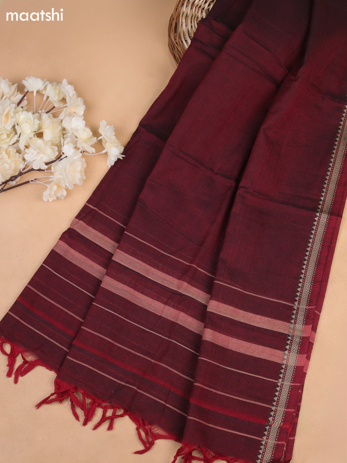 Maroon Narayanpet Cotton Dress Materials With A Plain Body and Thread-Woven Border