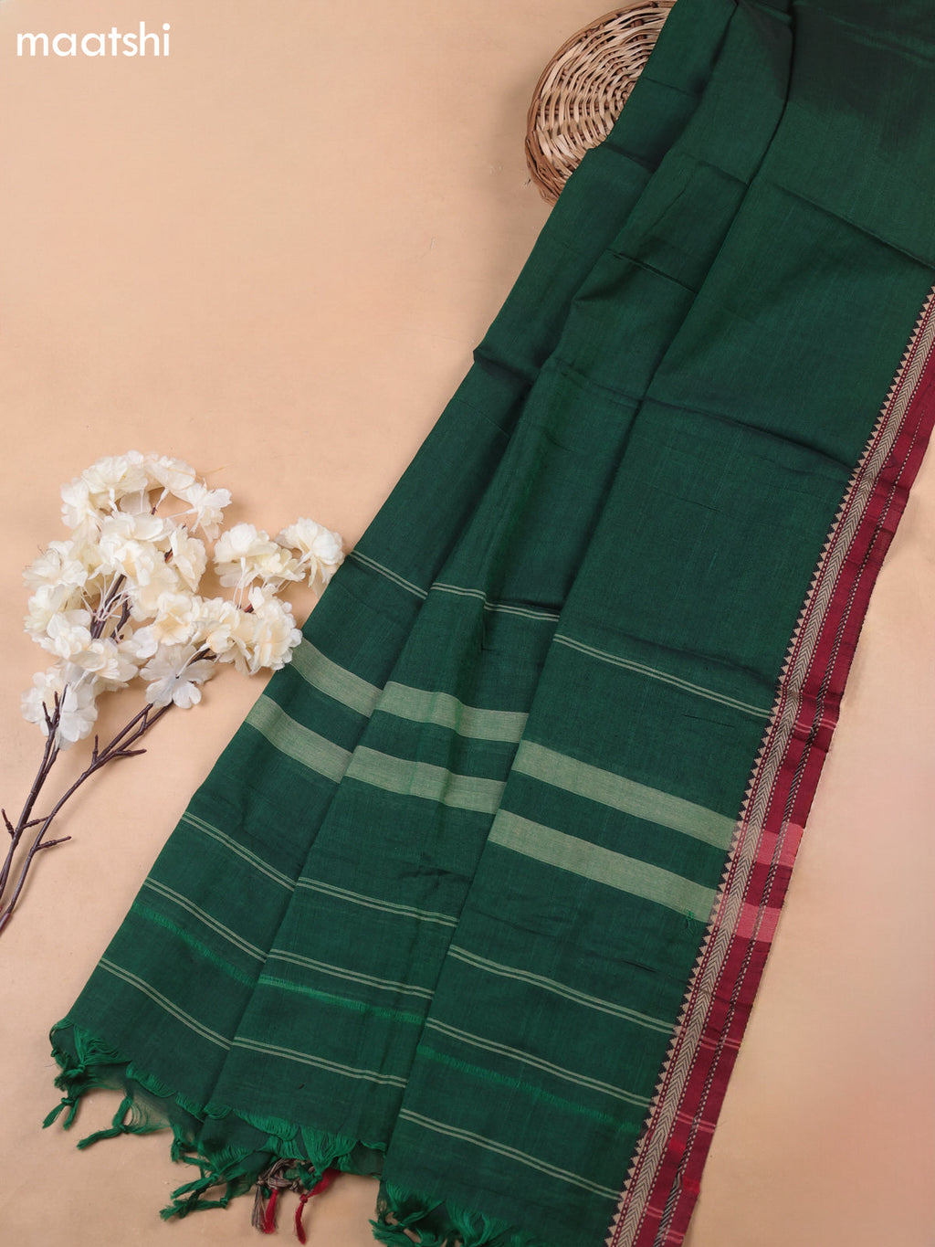Green Narayanpet Cotton Dress Materials With A Plain Body and Thread-Woven Border
