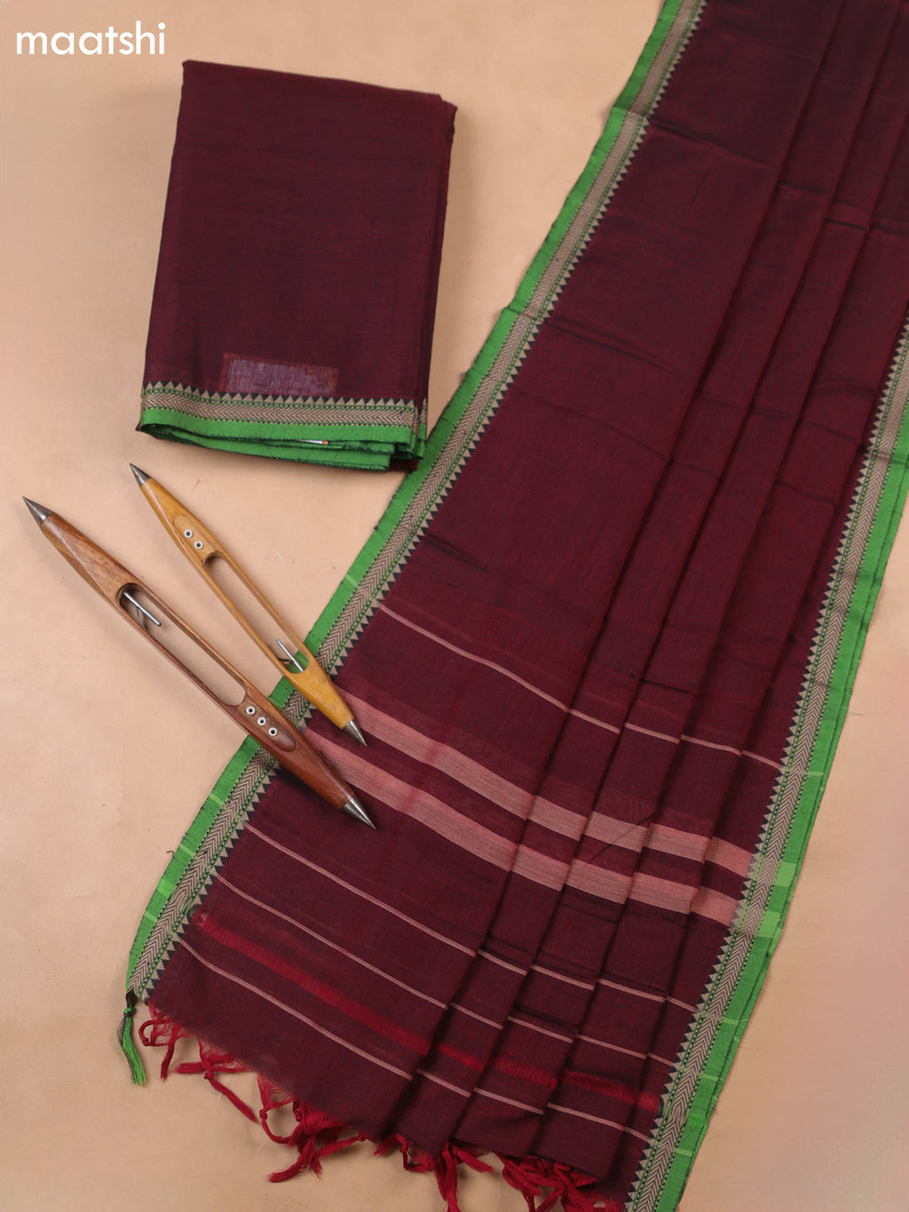 Maroon and Green Narayanpet Cotton Dress Materials With A Plain Body and Thread-Woven Border