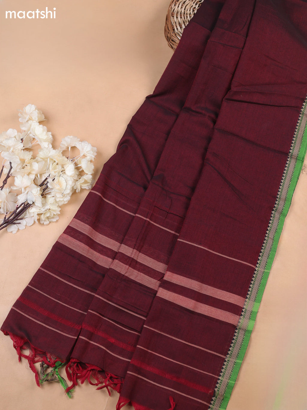 Maroon and Green Narayanpet Cotton Dress Materials With A Plain Body and Thread-Woven Border