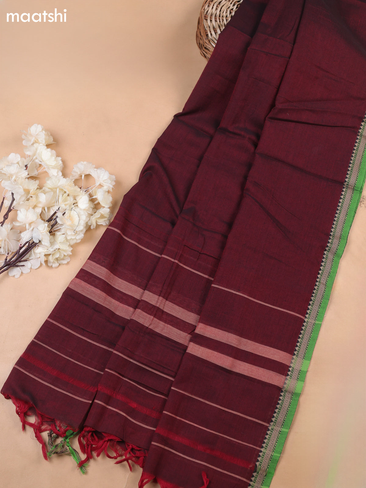 Maroon and Green Narayanpet Cotton Dress Materials With A Plain Body and Thread-Woven Border