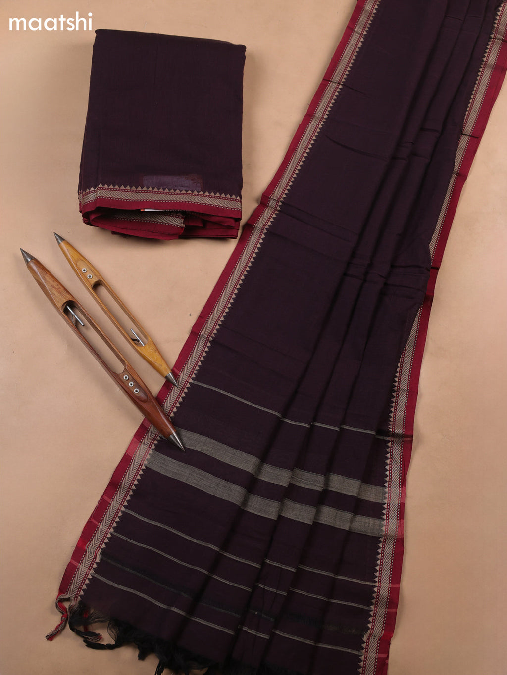 Brown Narayanpet Cotton Dress Materials With A Plain Body and Thread-Woven Border