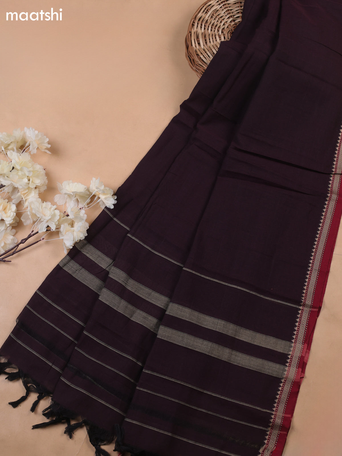 Brown Narayanpet Cotton Dress Materials With A Plain Body and Thread-Woven Border