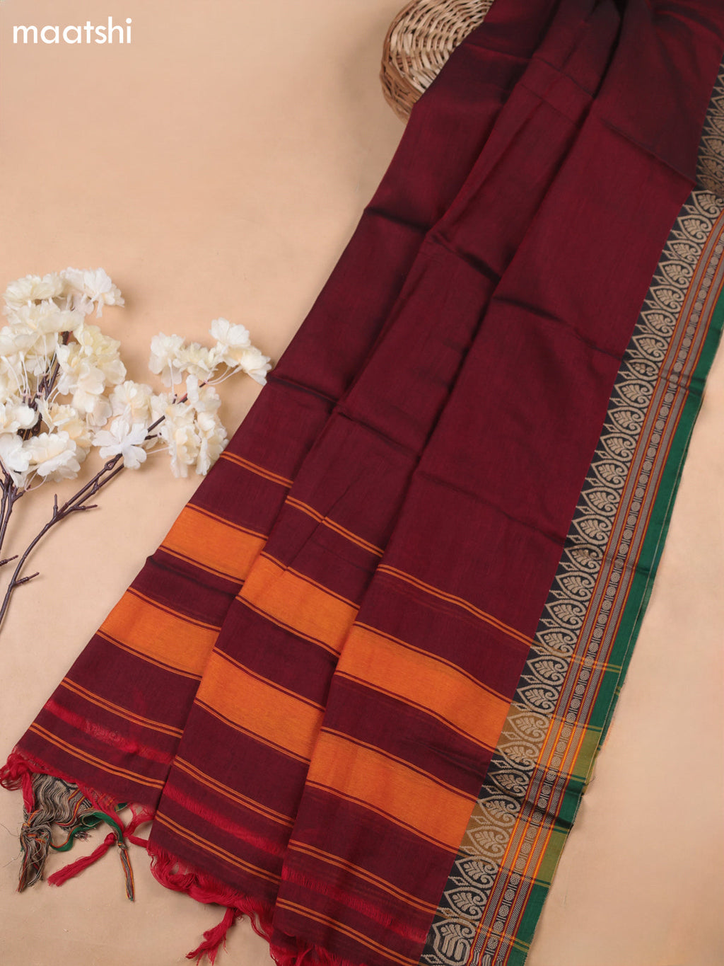 Maroon and Green Narayanpet Cotton Dress Materials With A Plain Body and Thread-Woven Border