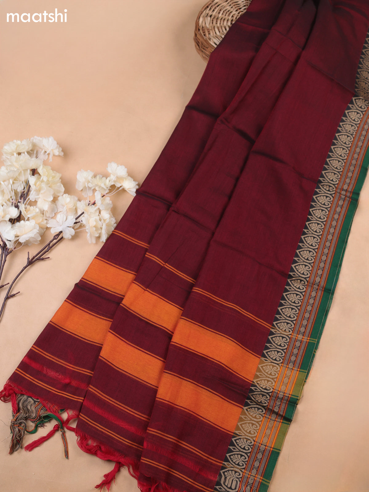 Maroon and Green Narayanpet Cotton Dress Materials With A Plain Body and Thread-Woven Border