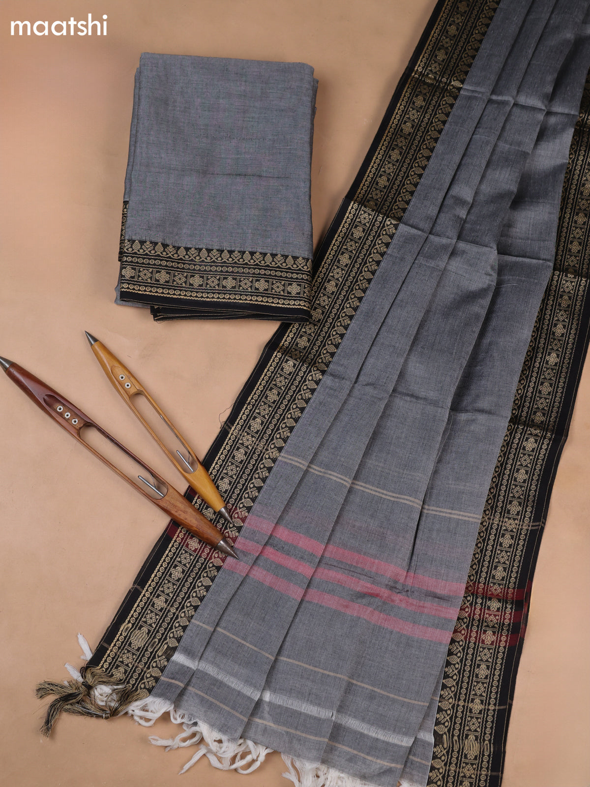 Grey and Black Narayanpet Cotton Dress Materials With A Plain Body and Thread-Woven Border