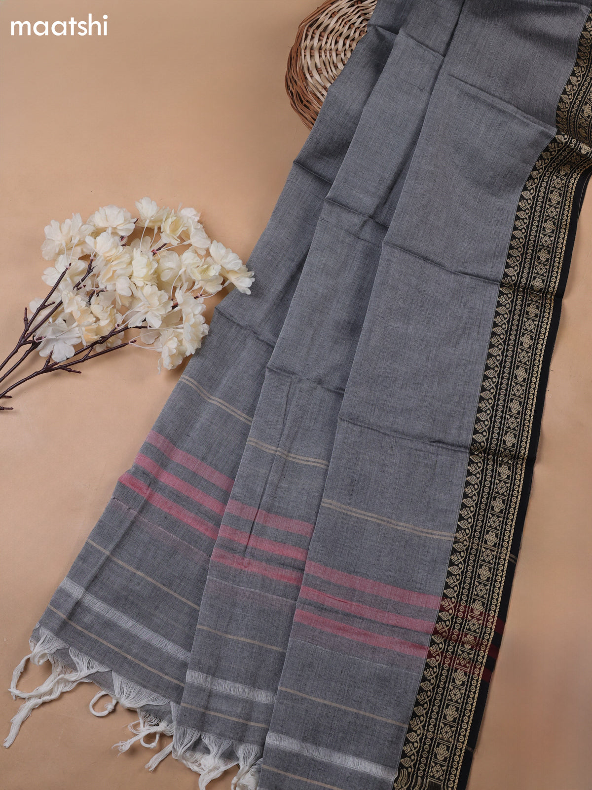 Grey and Black Narayanpet Cotton Dress Materials With A Plain Body and Thread-Woven Border