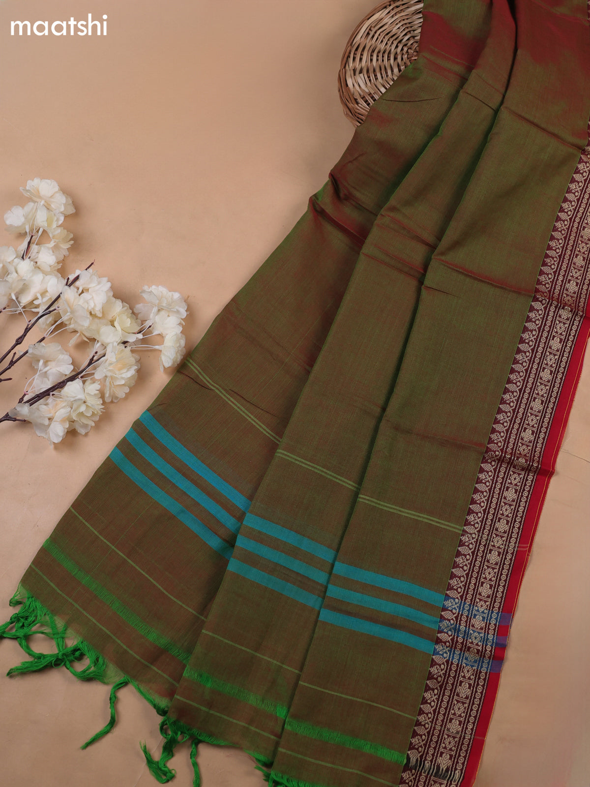 Dual Shade Of Greenish-Orange and Red Narayanpet Cotton Dress Materials With A Plain Body and Thread-Woven Border
