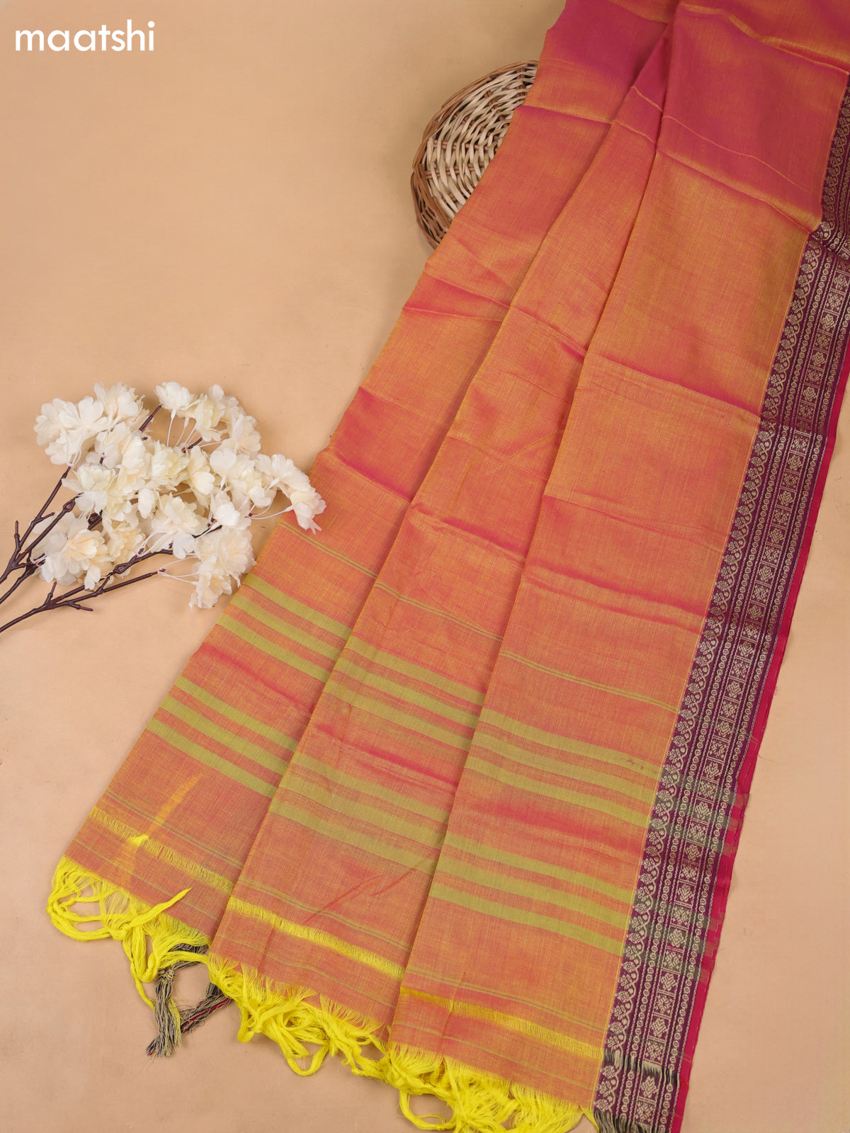 Rust Orange and Pink Narayanpet Cotton Dress Materials With A Plain Body and Thread-Woven Border