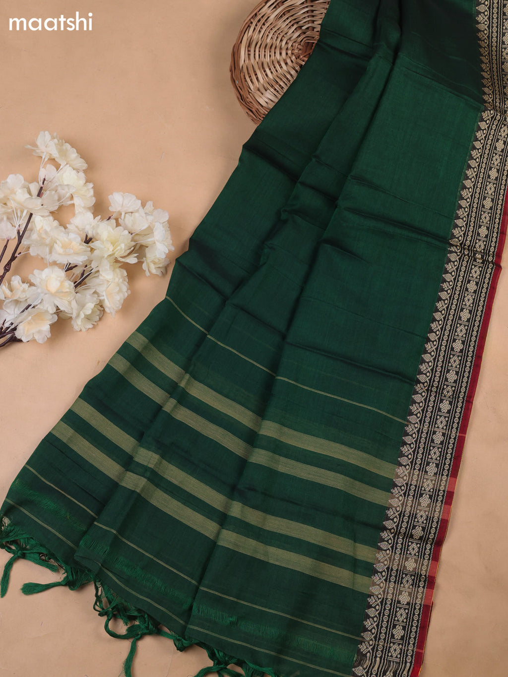 Green Narayanpet Cotton Dress Materials With A Plain Body and Thread-Woven Border