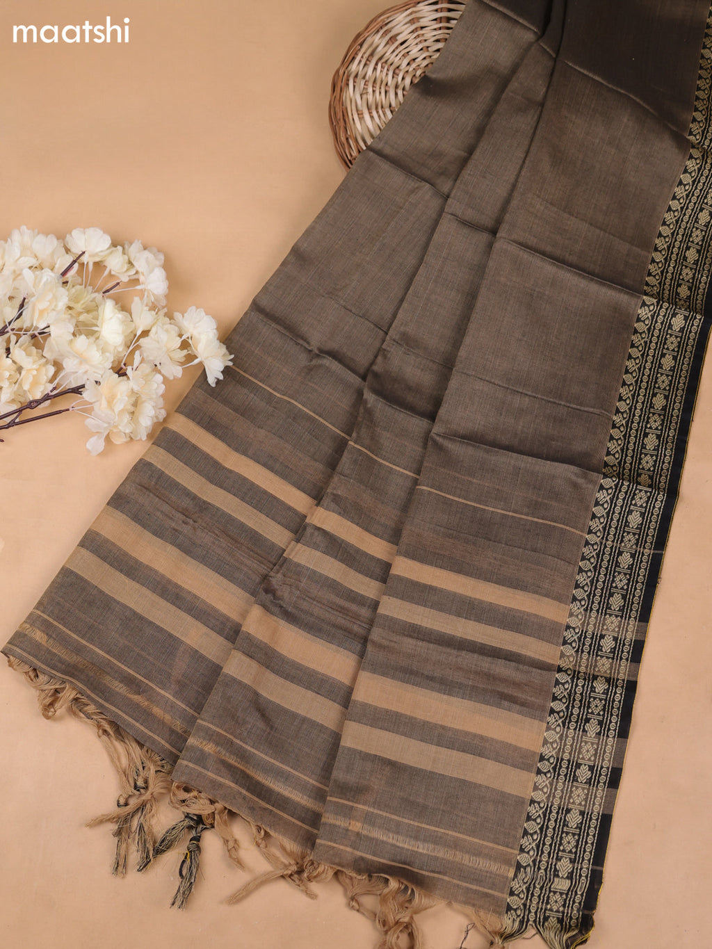 Grey and Black Narayanpet Cotton Dress Materials With A Plain Body and Thread-Woven Border