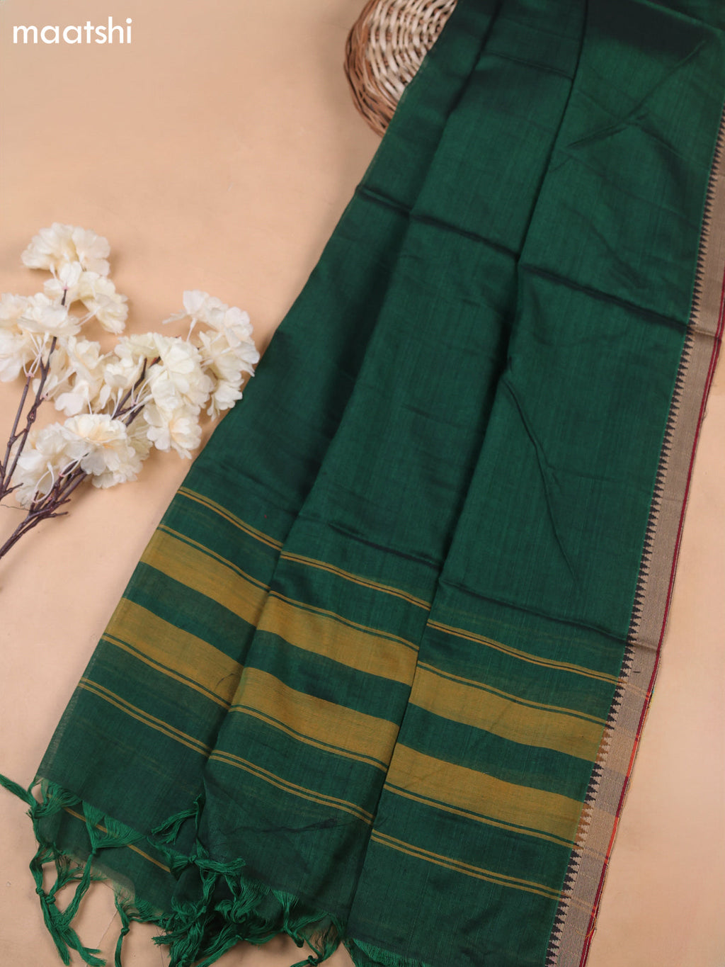 Green Narayanpet Cotton Dress Materials With A Plain Body and Thread-Woven Border