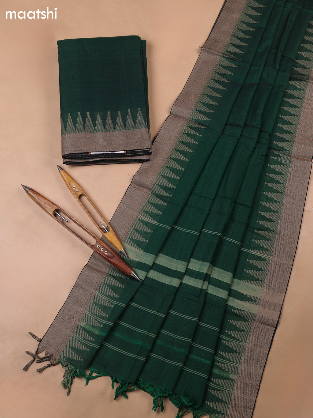 Green Narayanpet Cotton Dress Materials With A Plain Body and Temple Design Thread-Woven Border