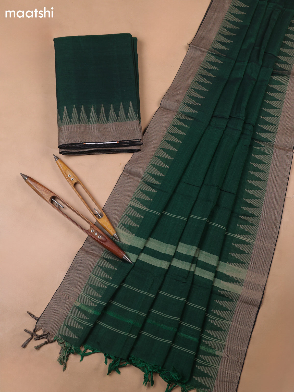 Green Narayanpet Cotton Dress Materials With A Plain Body and Temple Design Thread-Woven Border