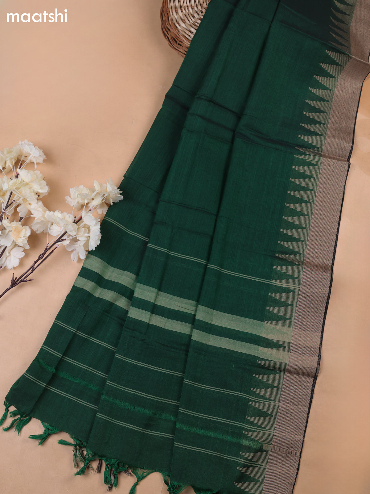 Green Narayanpet Cotton Dress Materials With A Plain Body and Temple Design Thread-Woven Border