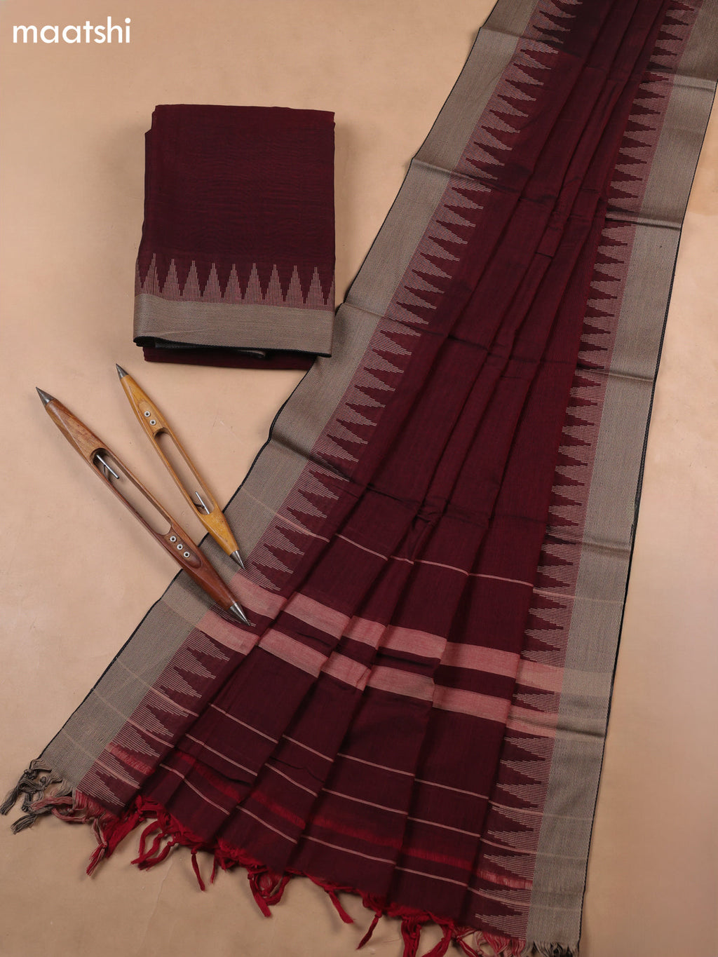Maroon Narayanpet Cotton Dress Materials With A Plain Body and Temple Design Thread-Woven Border