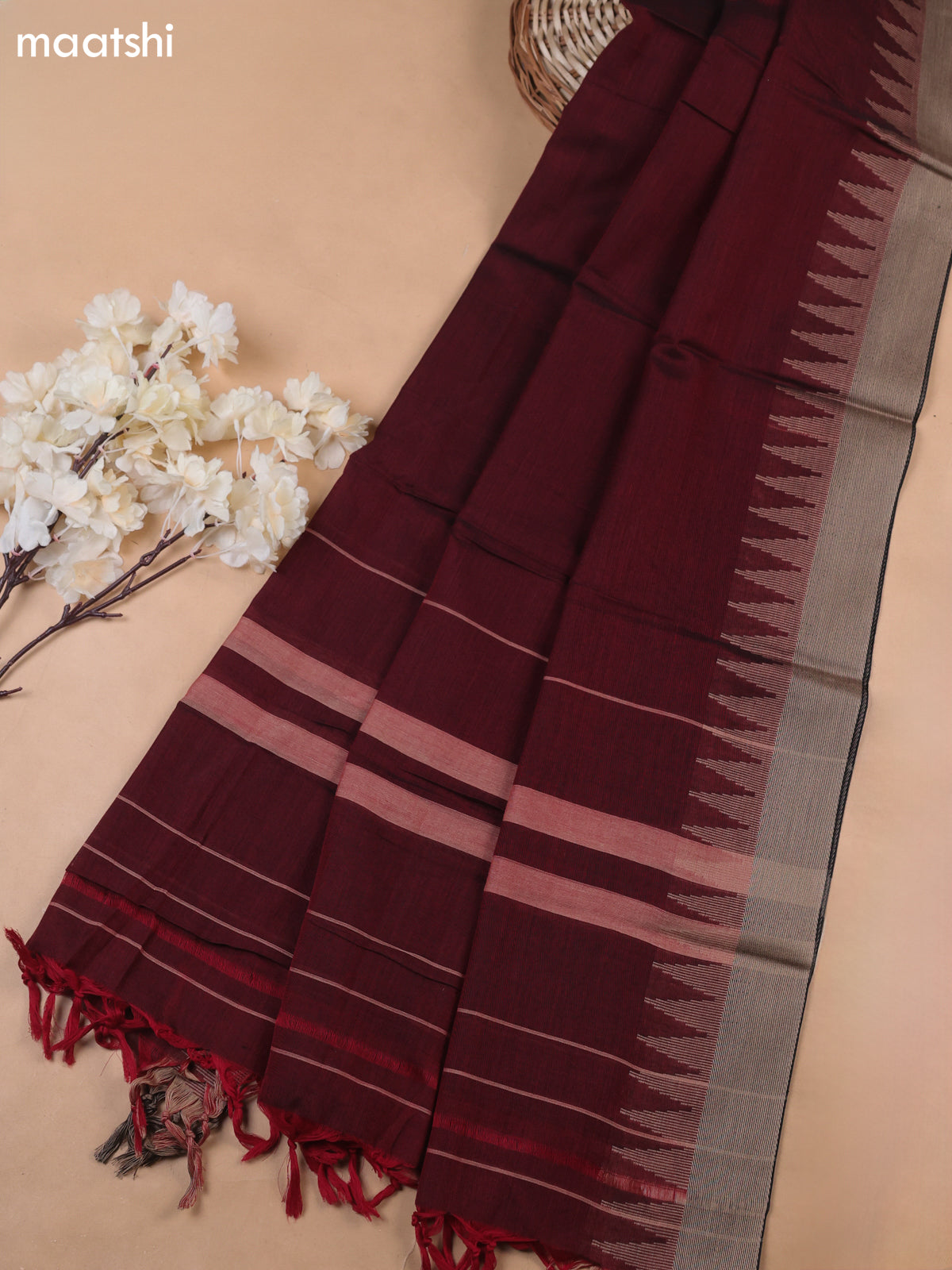 Maroon Narayanpet Cotton Dress Materials With A Plain Body and Temple Design Thread-Woven Border