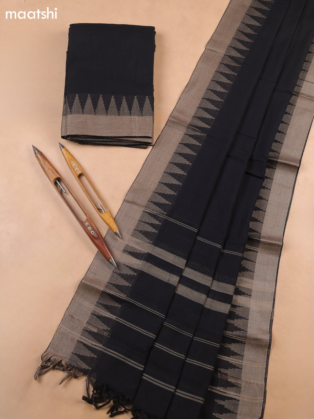 Black Narayanpet Cotton Dress Materials With A Plain Body and Temple Design Thread-Woven Border
