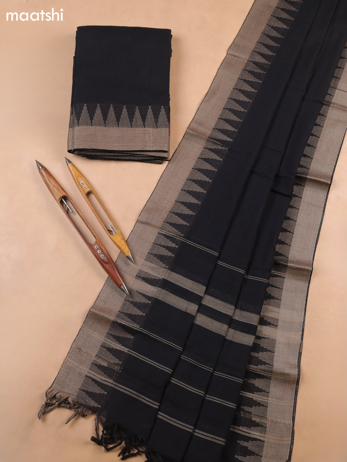 Black Narayanpet Cotton Dress Materials With A Plain Body and Temple Design Thread-Woven Border