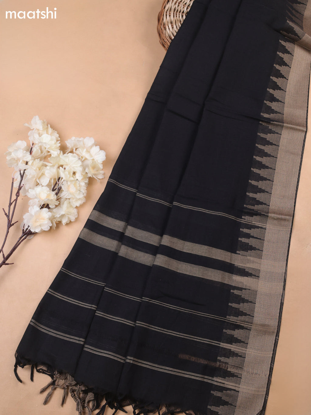 Black Narayanpet Cotton Dress Materials With A Plain Body and Temple Design Thread-Woven Border