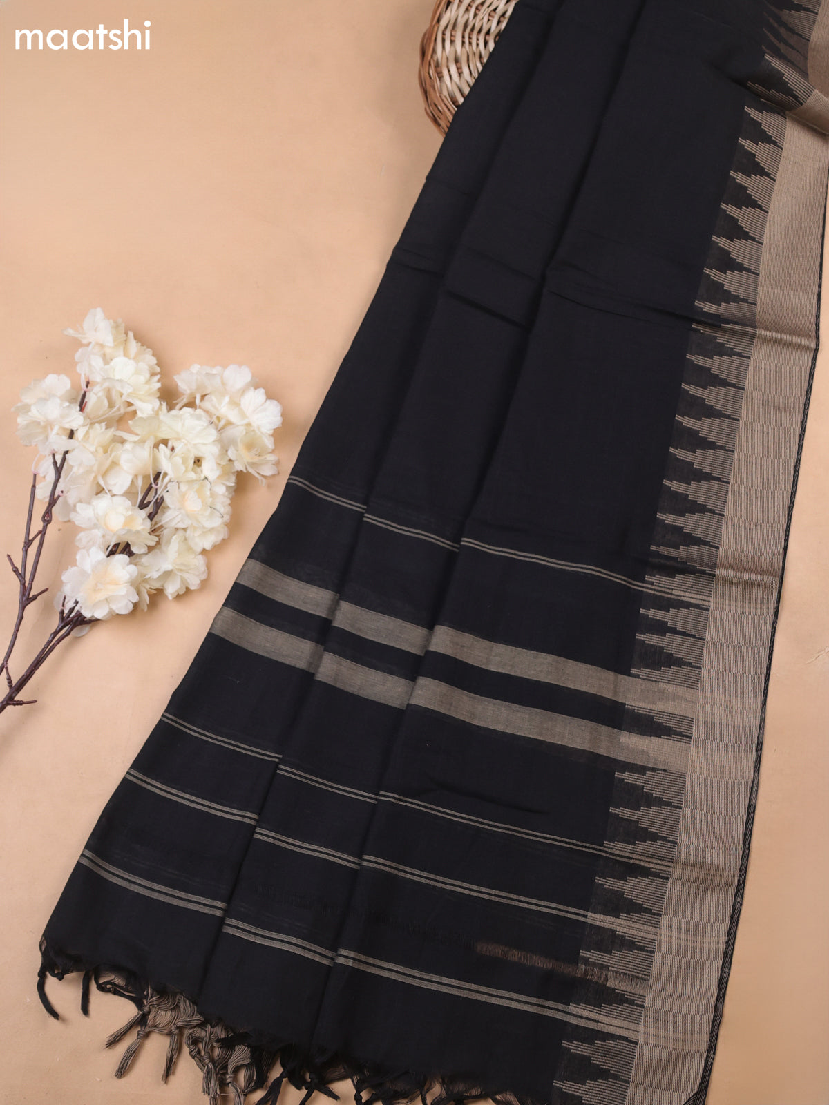 Black Narayanpet Cotton Dress Materials With A Plain Body and Temple Design Thread-Woven Border