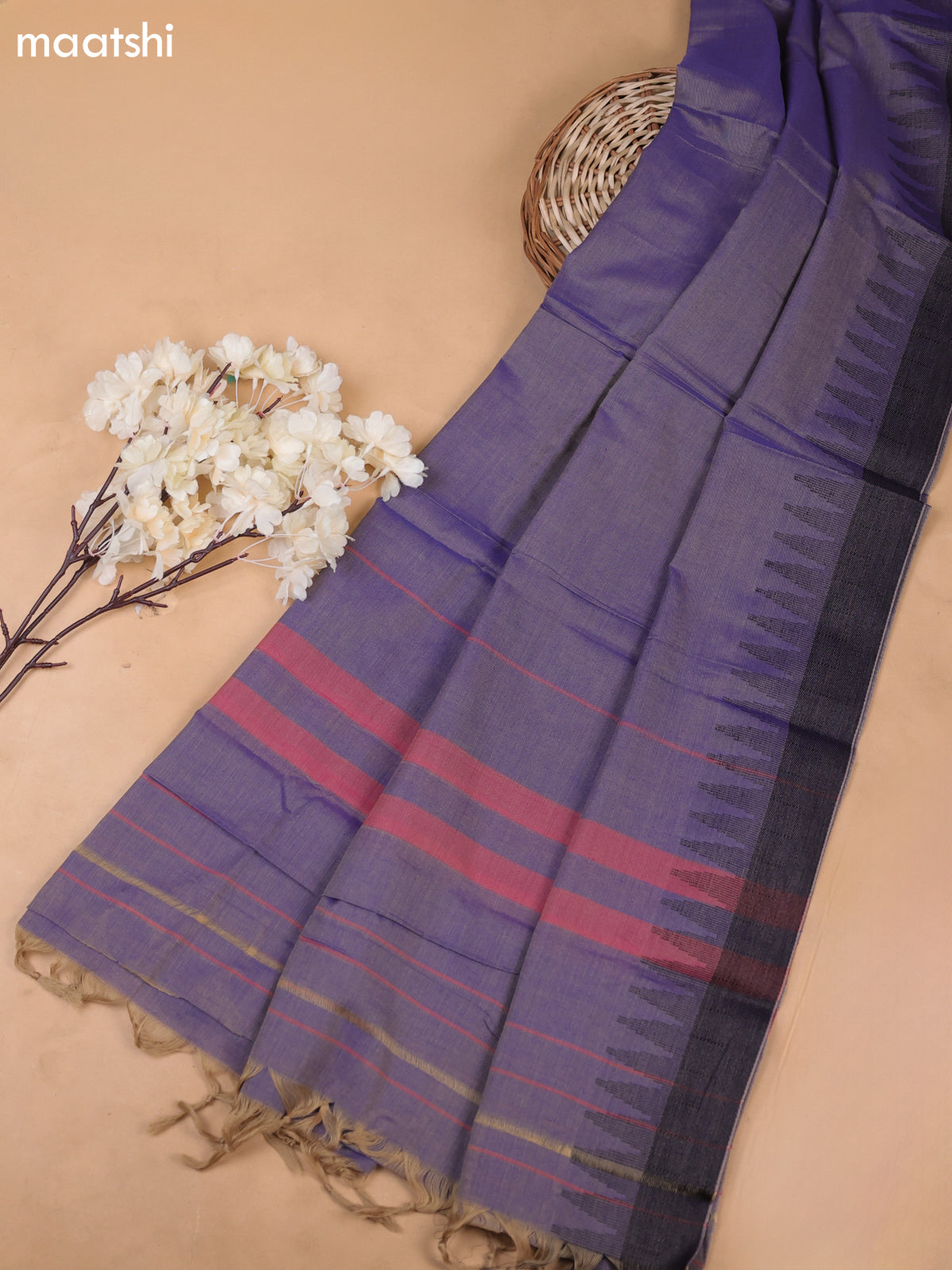 Lavender Narayanpet Cotton Dress Materials With A Plain Body and Temple Design Thread-Woven Border