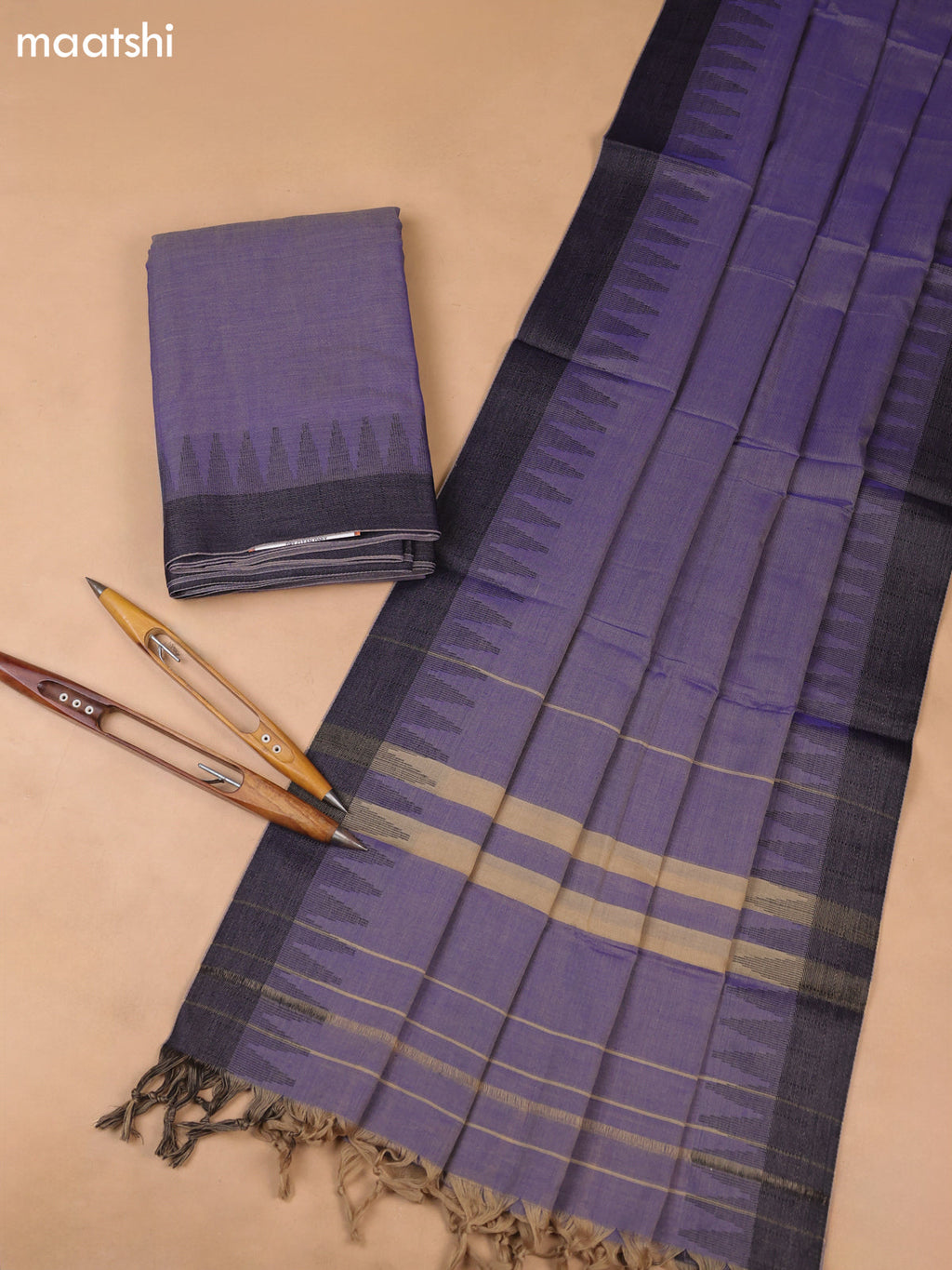 Lavender Narayanpet Cotton Dress Materials With A Plain Body and Temple Design Thread-Woven Border