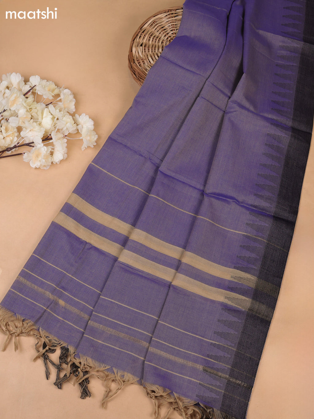Lavender Narayanpet Cotton Dress Materials With A Plain Body and Temple Design Thread-Woven Border
