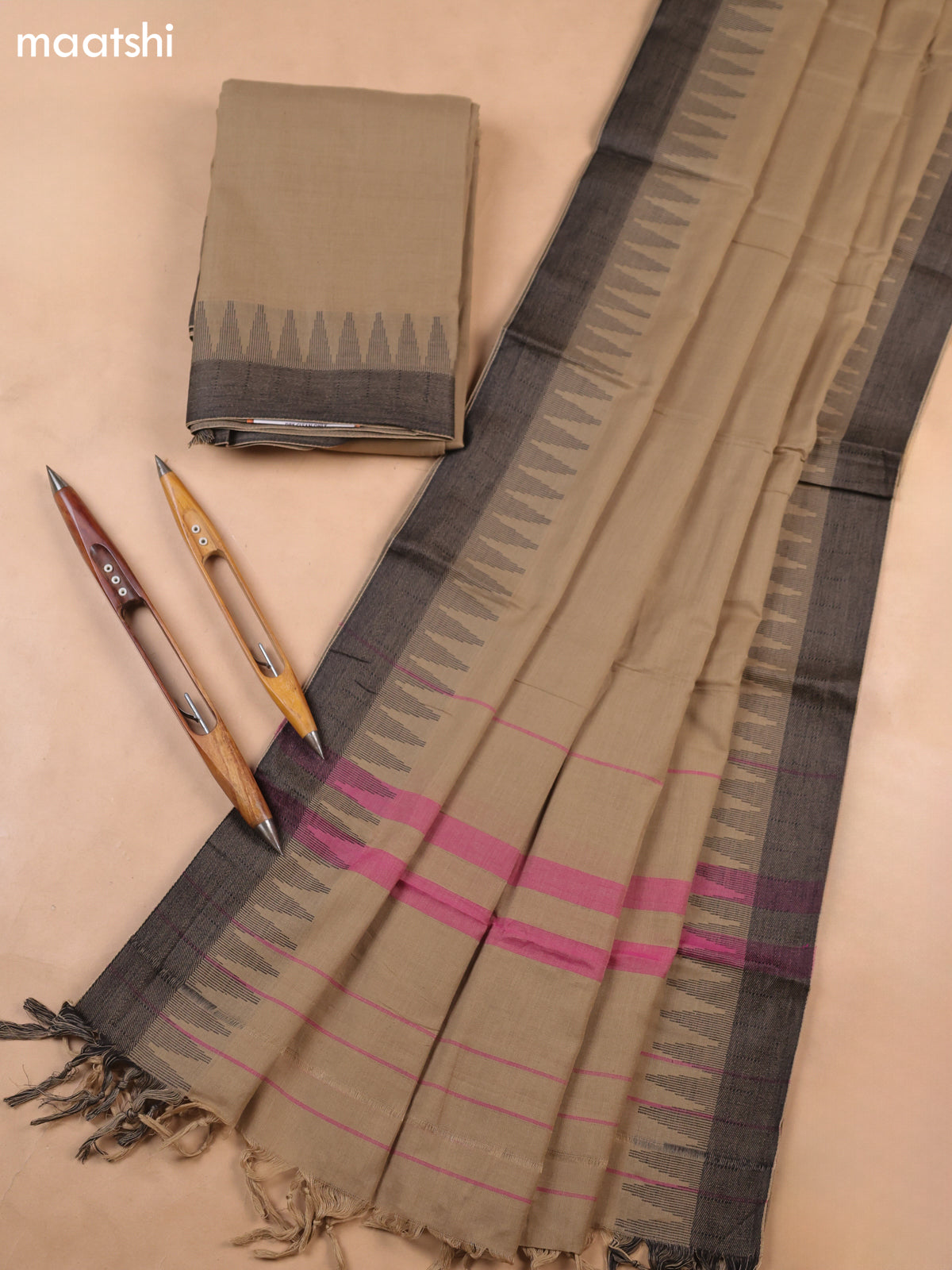 Beige Narayanpet Cotton Dress Materials With A Plain Body and Temple Design Thread-Woven Border