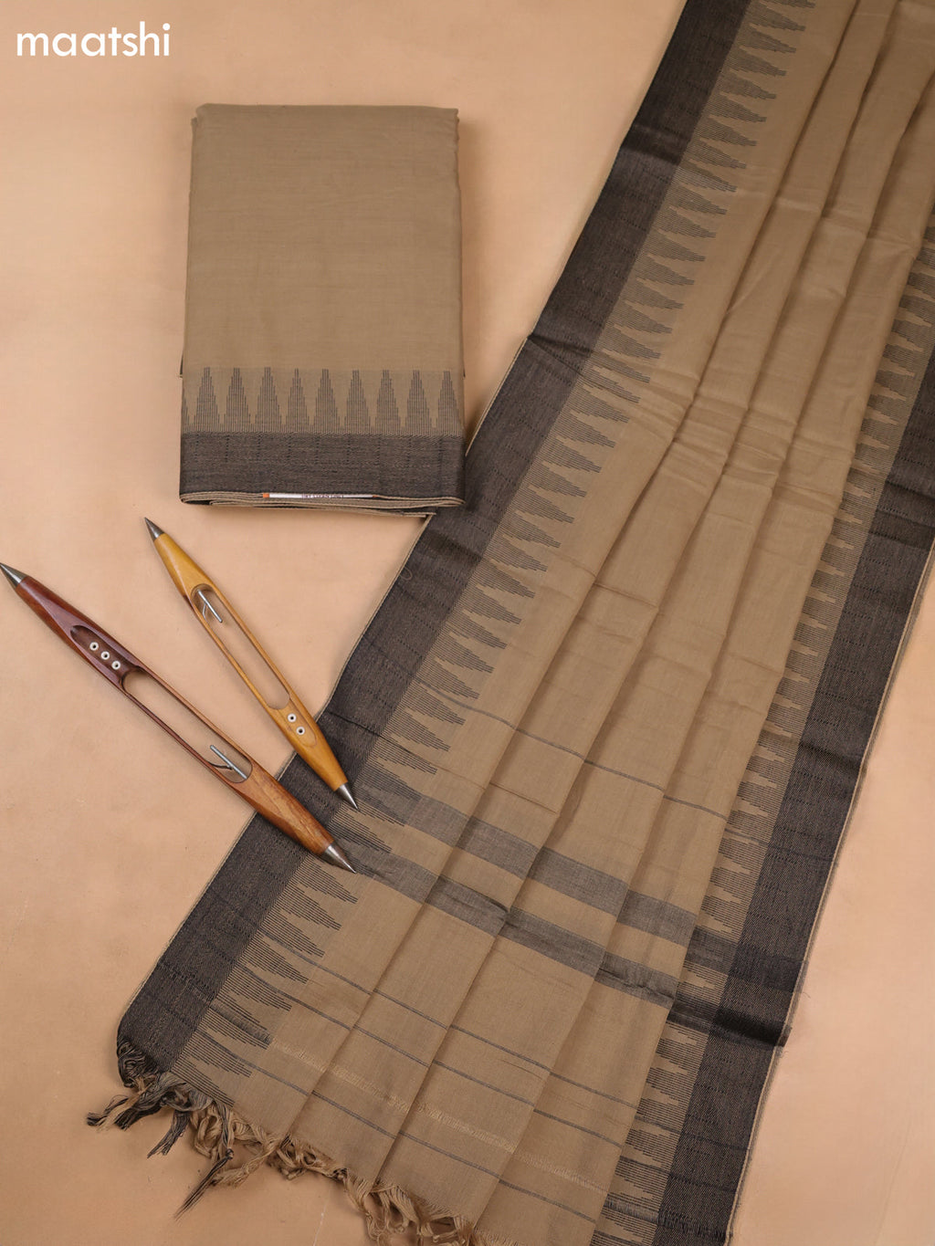 Beige and Black Narayanpet Cotton Dress Materials With A Plain Body and Temple Design Thread-Woven Border