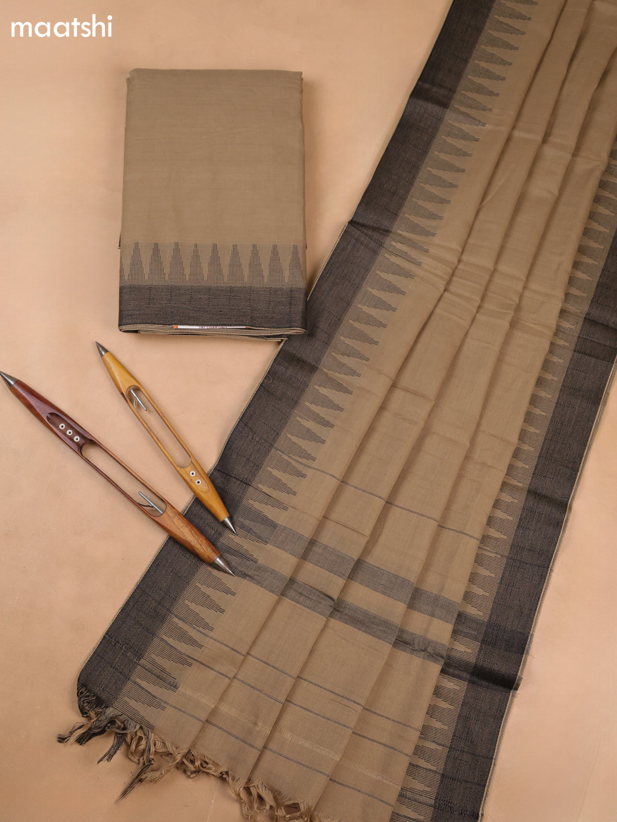 Beige and Black Narayanpet Cotton Dress Materials With A Plain Body and Temple Design Thread-Woven Border