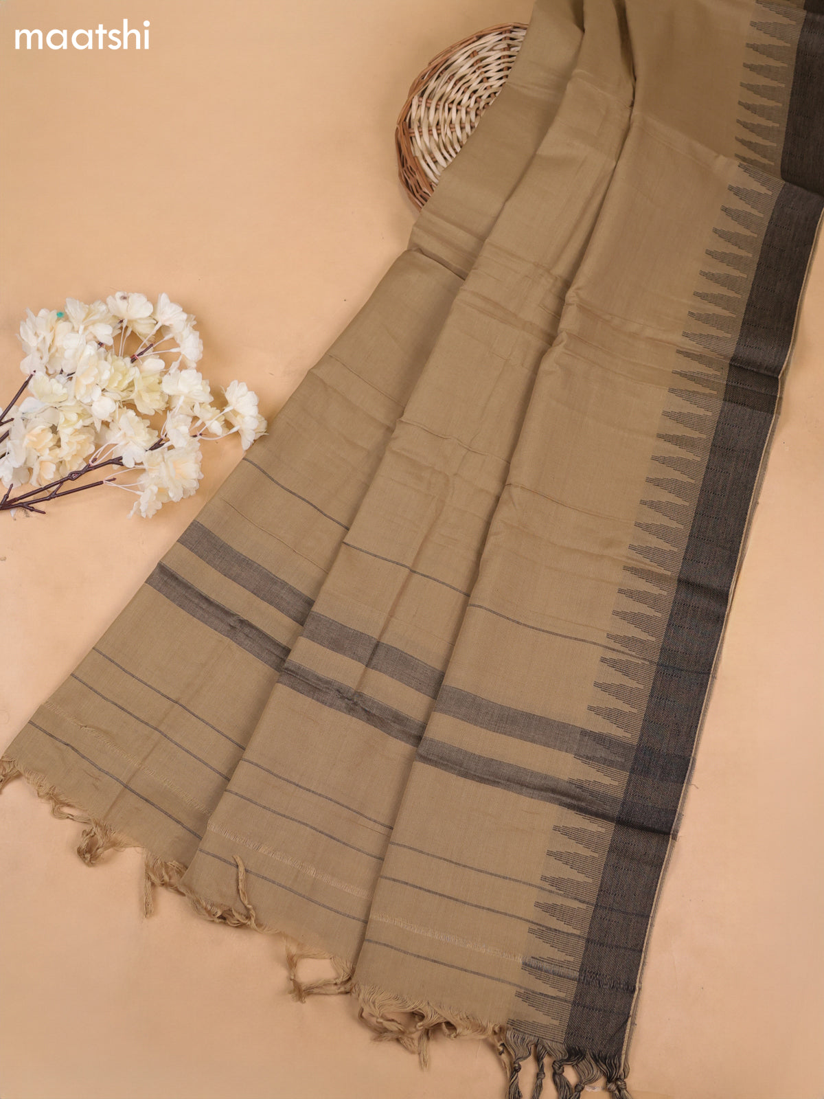 Beige and Black Narayanpet Cotton Dress Materials With A Plain Body and Temple Design Thread-Woven Border
