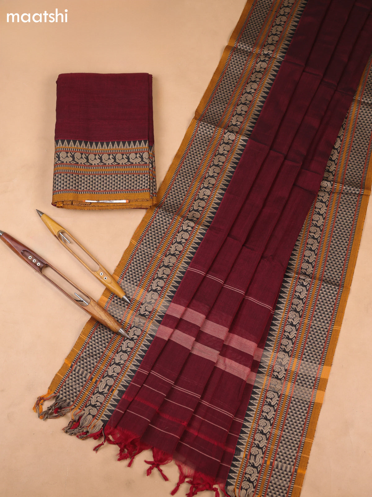 Maroon Narayanpet Cotton Dress Materials With A Plain Body and Temple Design Thread-Woven Border