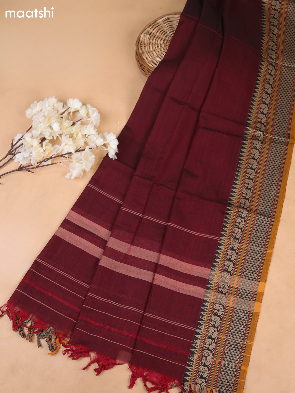 Maroon Narayanpet Cotton Dress Materials With A Plain Body and Temple Design Thread-Woven Border